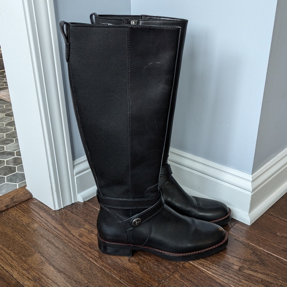 Coach Tall Black Leather Riding Equestrian Buckle Boots Size 7.5 - Picture 1 of 13